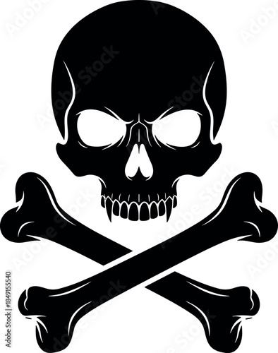 Black skull and crossbones icon with vampire fangs isolated on white background for pirate flag or poison warning
