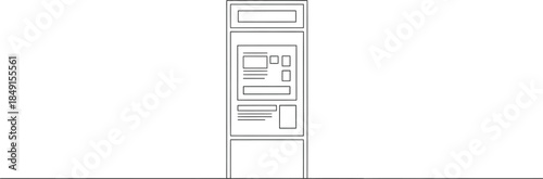 Minimalist black and white line art drawing of an outdoor advertising kiosk or information display board mockup on white background