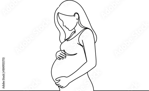 Continuous line drawing of a pregnant woman holding her belly for motherhood, pregnancy, maternity healthcare, and family concepts.