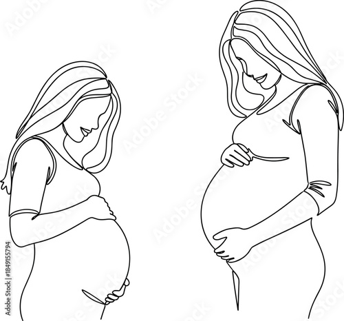 Continuous line drawing of two pregnant women smiling and holding their bellies for motherhood, family, and maternity concepts.