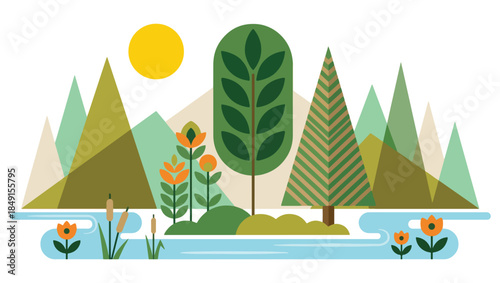 Geometric Stylized Landscape Illustration, Mid Century Modern Nature Scene, geometric landscape illustration, stylized nature art, mid-century modern landscape, flat design scenery, simplified nature,