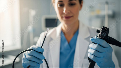 Medical professional holding endoscopic equipment in hospital setting