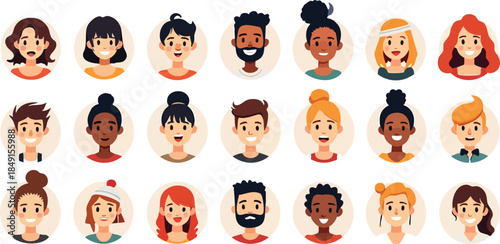set of women faces and avatars cartoon vector illustration