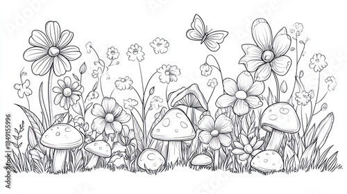 Floral meadow with mushrooms and butterfly, detailed line art