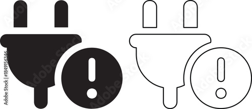 Minimalist electric plug icon set with exclamation mark warning symbol featuring black silhouette and linear outline vector illustrations