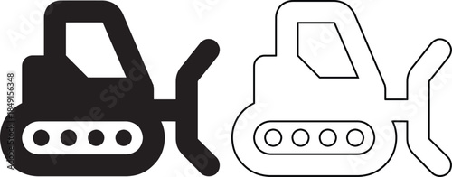 Minimalist bulldozer icon set featuring black silhouette and linear outline vector illustrations for construction and industrial design