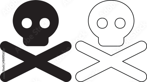 Set of black and white skull and crossbones icons isolated on white background for hazard or pirate themes