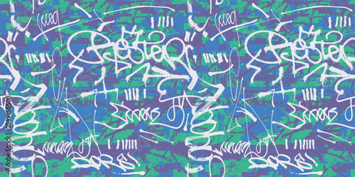 Graffiti seamless pattern with tags and letters. Fashionable hand drawn texture, street art style, old school design for t-shirt. Textile youth print. Blue and green grunge urban background with inscr
