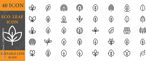 40 eco leaf icons set, editable line icons for nature and ecology