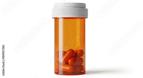 Orange pill bottle with white cap on white background
