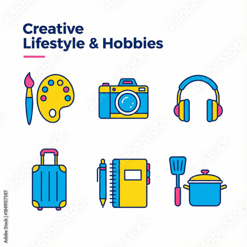 Creative Lifestyle and Modern Hobbies Icon Set featuring Painting Palette, Digital Camera, Headphones, Travel Suitcase, Notebook with Pen, and Cooking Pot.eps