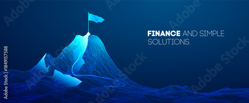 Tech business concept with success mountain background for growth challenge leader. Leadership vision goal with career flag man for top abstract 3d. Road technology tech with achieve success.