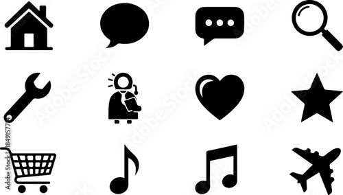 Business & Technology Solid Icon Set – Search, Idea, Chat, Shopping & Settings