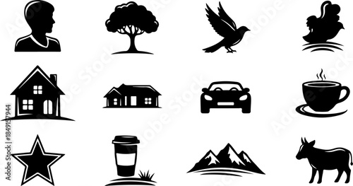 Business & Technology Solid Icon Set – Search, Idea, Chat, Shopping & Settings