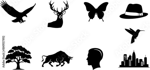 Business & Technology Solid Icon Set – Search, Idea, Chat, Shopping & Settings