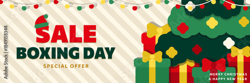 Boxing Day wide promo banner with layered paper cut Xmas tree, garlands, gifts and discount on beige background. Flat bold header, billboard with SALE special offer for Christmas and New Year holidays