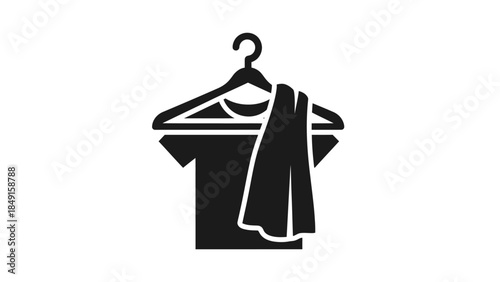 Minimalist Black and White Icon Depicting Clothing on a Hangar with Hanging Garments