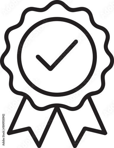 A simple black and white illustration depicting a badge with a checkmark inside signifying quality and approval