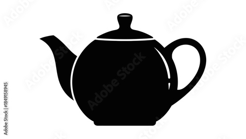 Silhouette of a classic teapot with a rounded body and a curved handle in black on plain white