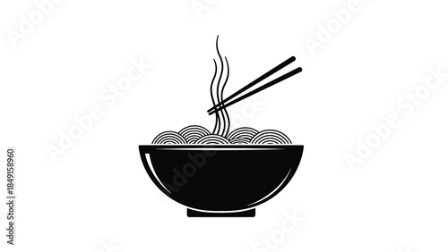 Minimalist Black and White Icon of a steaming bowl of noodles with chopsticks for simplicity and