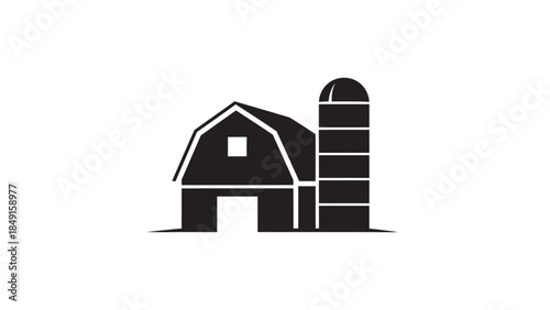 Minimalist Black and White Silhouette of a Classic Farm Barn with Tall Silos Creative Rural