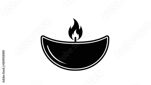 Minimalist Icon of a Singing Bowl with Flame Silhouette in Black and White Design for Spiritual or