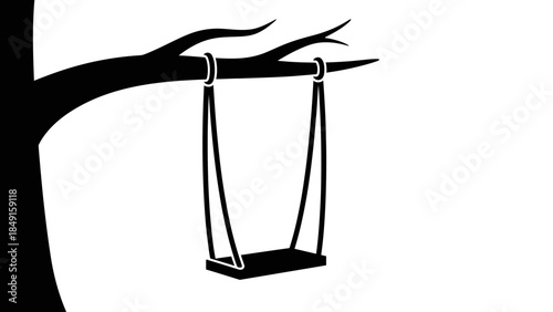 Minimalist Black and White Illustration of a Tree Branch with a Swingset