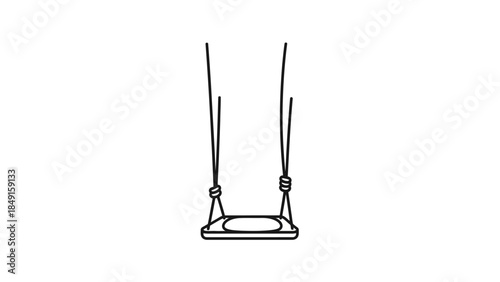 Simple black outline of a hanging swing seat suspended by ropes against a plain white background