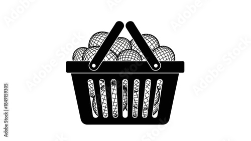 Minimalistic black and white illustration of a shopping basket filled with spherical objects