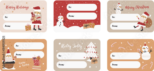 Set of blank templates for Christmas personalized gift labels and stickers. Design "from and to" with Santa Claus and snowman