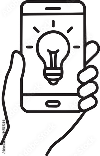 A hand holding a smartphone displaying a light bulb icon representing innovation and bright ideas