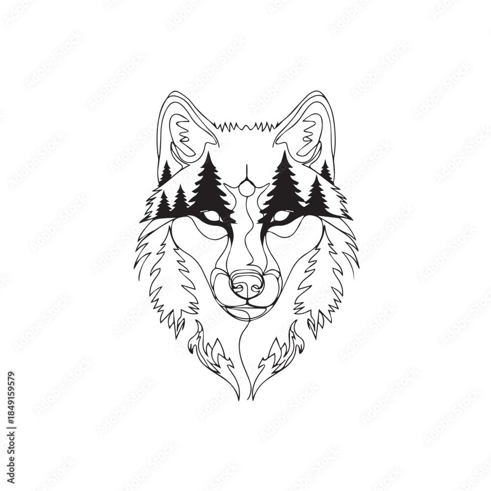 Fototapeta premium Minimalist Wolf Head Line Art with Pine Forest Silhouette across Eyes, Continuous One-Line Wildlife Nature Vector Illustration 