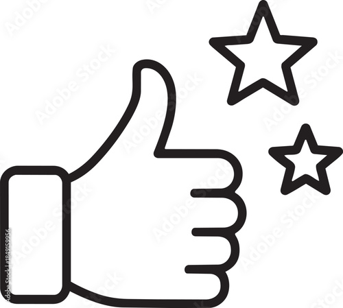 A simple black and white illustration depicts a hand making a thumbs up gesture with two stars floating nearby