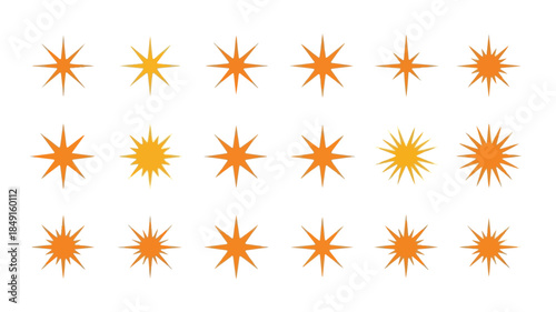 Graphic illustration of multiple orange starburst shapes in varying sizes and shades on a white background.