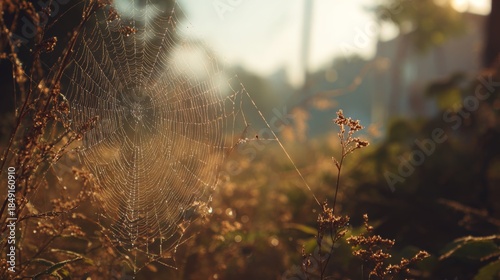 Close-Up View of a Delicate Spiderweb Glimmering in the Morning Light Among Tall Grass and Nature Surroundings