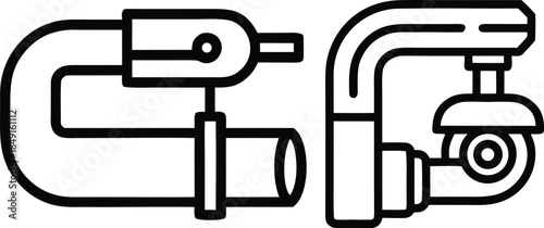 Pipe clamp and pipe cutter icons for plumbing and construction tasks