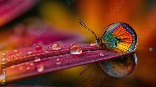 Colorful Butterfly Perched on Leaf Surface with Water Droplets and Reflective Background, Showcasing Nature's Beauty in Vibrant Tones