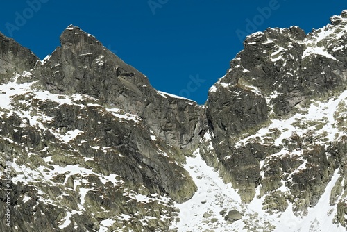 View of Zabi Kon 2,291 meter high peak in Mengusovska Valley. Vysoke Tatry (High Tatras) National Park. Slovakia. Europe.