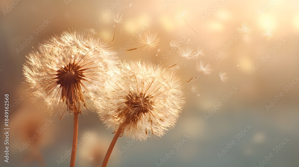 Obraz premium Close-up of two dandelion seed heads with a soft, dreamy background and warm sunlight.