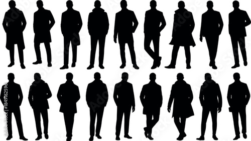 Collection of silhouettes of people in various poses on transparent background