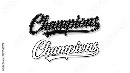 Black and white illustration of the word 'Champions' in a stylized script font on a plain white background.