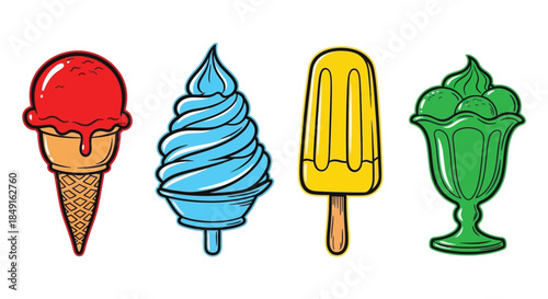 Colorful illustration of various ice cream treats and a popsicle