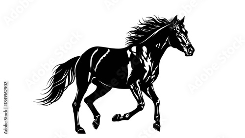 Dynamic black silhouette of a galloping horse showcasing strength and motion in a minimalistic style
