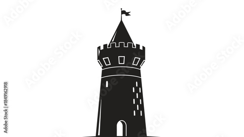 Silhouette of a medieval stone tower with a pointed roof and a waving flag atop a minimalist white