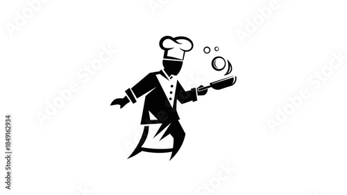 Stylized Minimalist Illustration of a Chef Holding a Plate with a Food Item in a Dynamic Pose