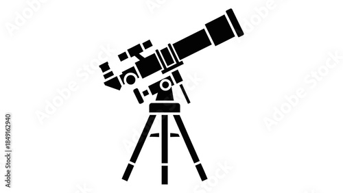 Silhouette of a telescope mounted on a tripod set against a white background for astronomical