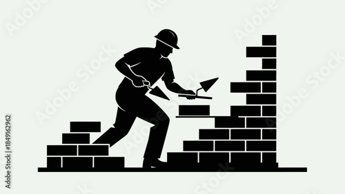 Silhouette of Construction Worker Building a Brick Wall with Trowel and Level
