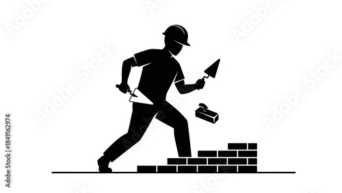 Silhouette of a construction worker with tools building a brick wall emphasizing craftsmanship and