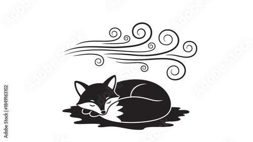 Minimalist Illustration of a Sleeping Cat with Swirling Wind Lines in a Calm Setting