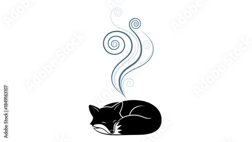 Minimalistic Illustration of a Sleeping Cat with Swirling Smoke Trails on a White Background